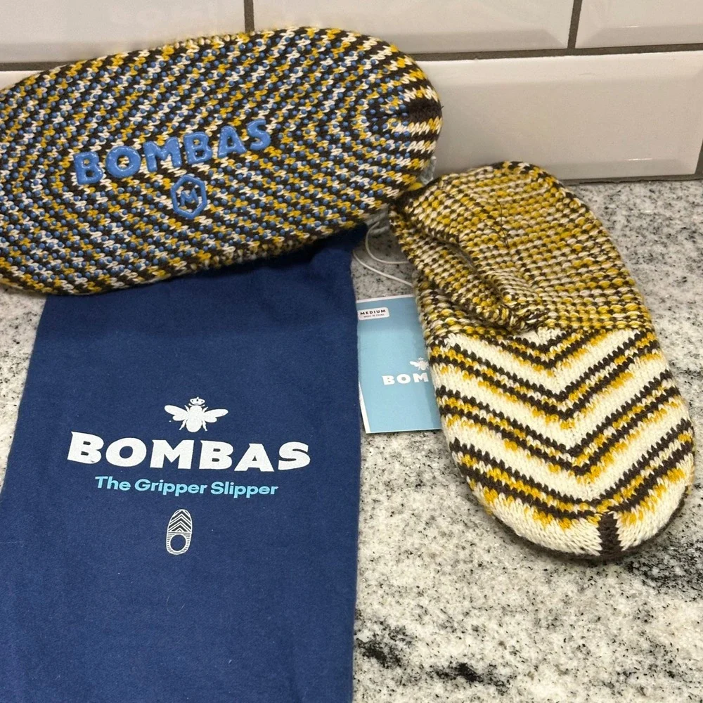 Bombas‎ Kids The Gripper Slipper Chevron Knit Yellow Brown White Medium NWT
